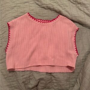 Pink Knit Sleeveless Top with Red Trim